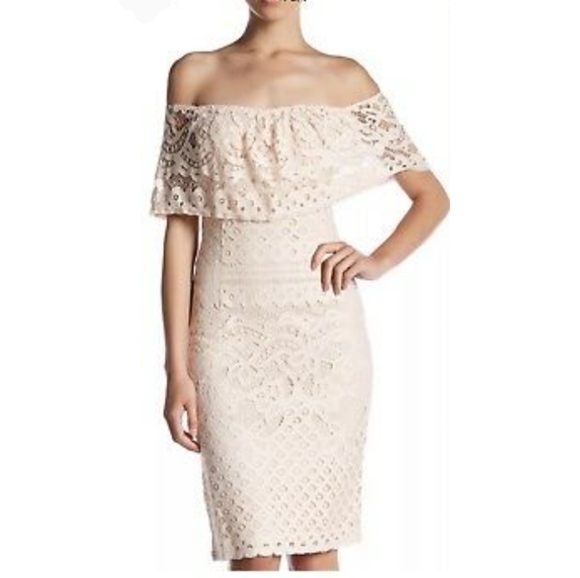 Sharagano Pale Pink Lace Sheath Dress With Convertible Neckline - Picture 11 of 11